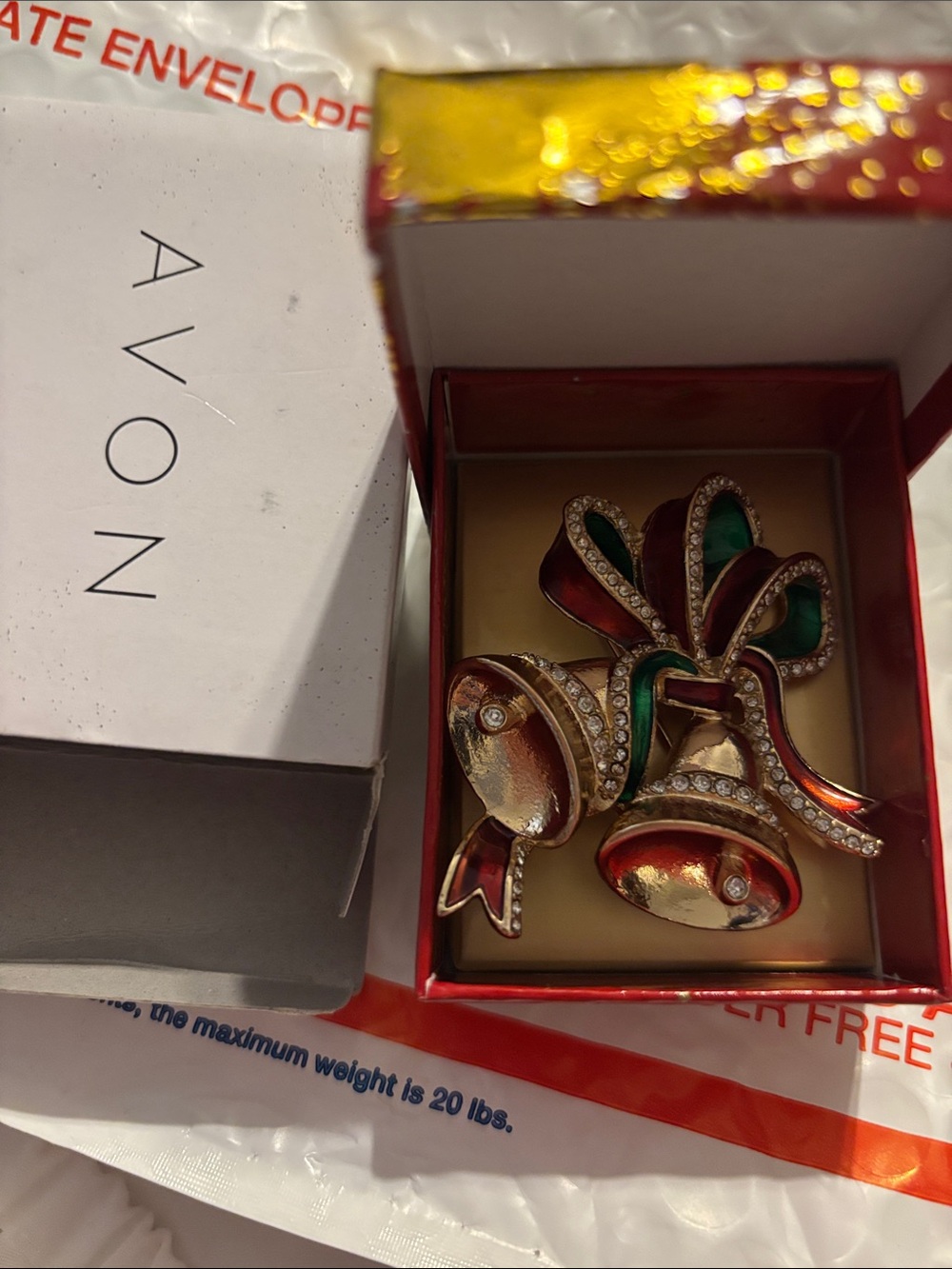 Avon Red and Green Enamel Holiday Bell Brooch with Rhinestones